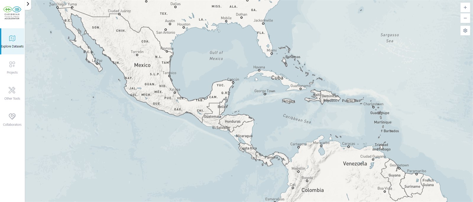 Climate Smart Map interface showing Caribbean territories and regional datasets